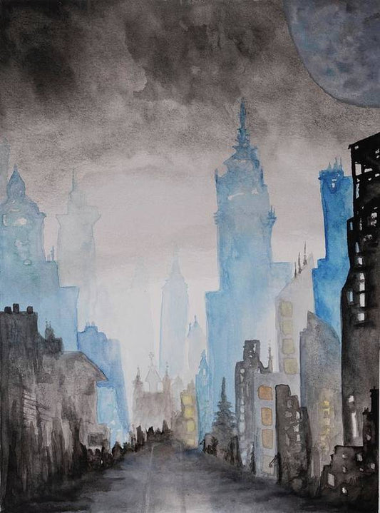 A City Without is an emotional artwork, a Heartwork, by Kristen Avolio showing a cityscape on a rainy day.