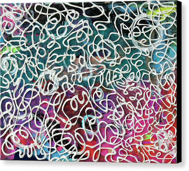 Skabetti & Meatballs is an emotional artwork, a Heartwork, by Kristen Avolio a textured white line squiggle pattern over a colorful background.