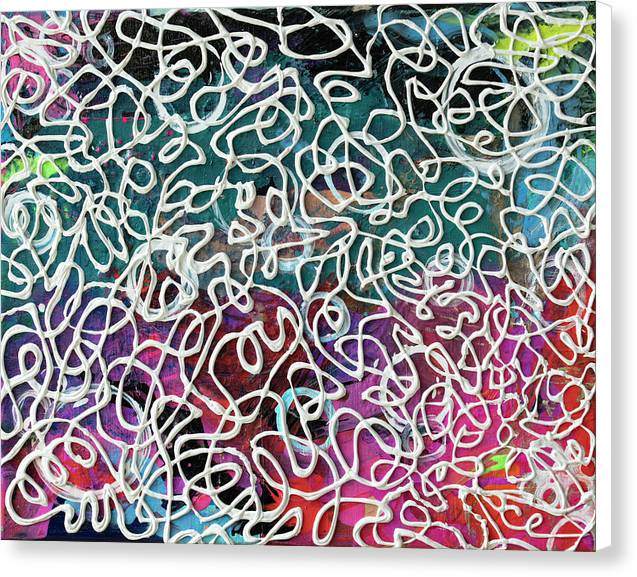 Skabetti & Meatballs is an emotional artwork, a Heartwork, by Kristen Avolio a textured white line squiggle pattern over a colorful background.